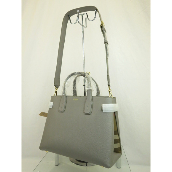 $1790 BURBERRY MD BANNER TAUPE GRAY LEATHER CHECK SHOULDER MEDIUM TOTE BAG - Picture 14 of 16